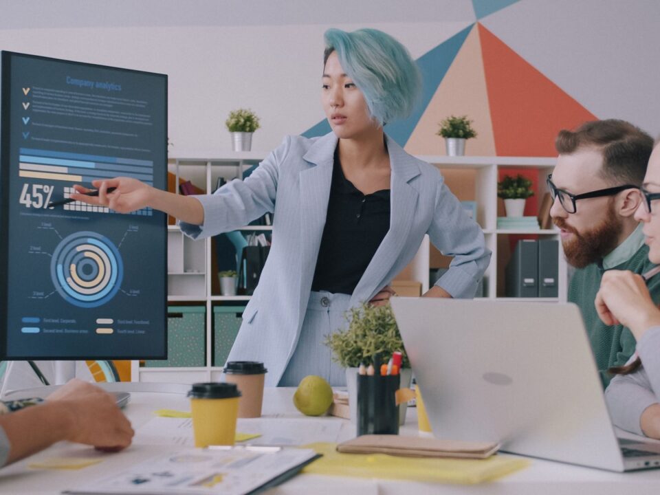 Equip d’empresa analitzant un quadre de comandament amb KPIs